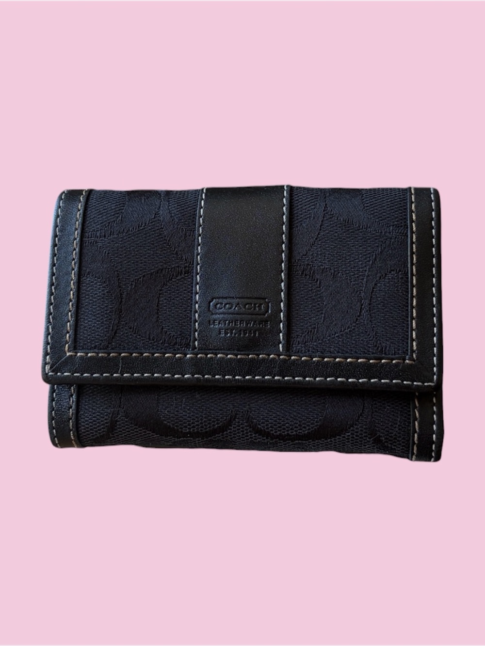 COACH Black Signature Trifold Wallet with Contrast Stitching